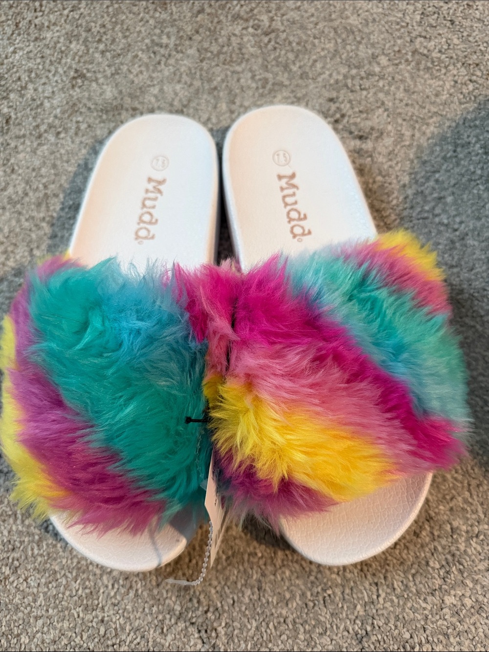 Mudd juniors Rainbow Faux-Fur Slide Sandals - Pink Teal Yellow Purple